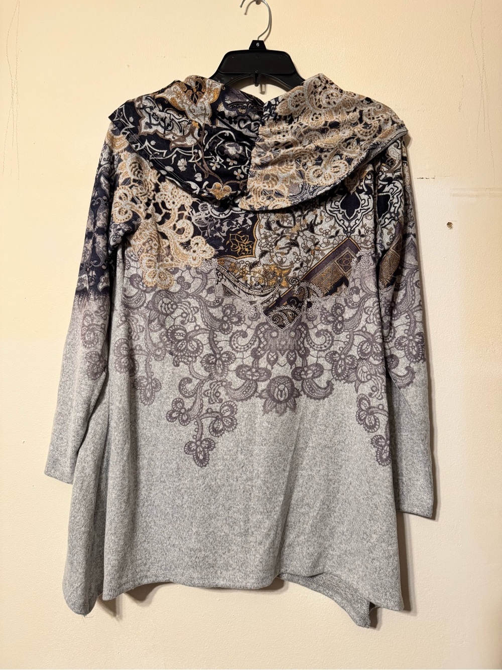 Women's Grey Lace-Print Hooded Tunic with Ornate Accents